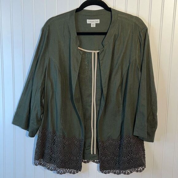 Coldwater Creek Linen Blend Jacket Womens 18 Green Lace Trim Open Front Long SLV - Picture 1 of 11